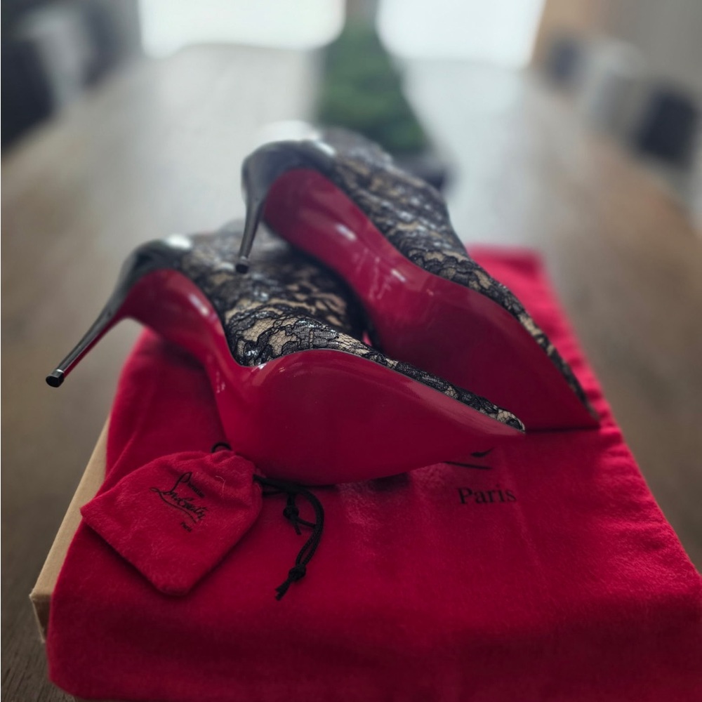 Christian Louboutin Black and Cream Lace Ankle Boots - Picture 2 of 7